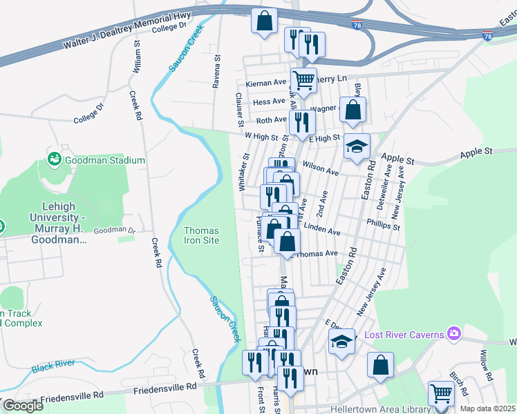 map of restaurants, bars, coffee shops, grocery stores, and more near 1301 Whitaker Street in Hellertown
