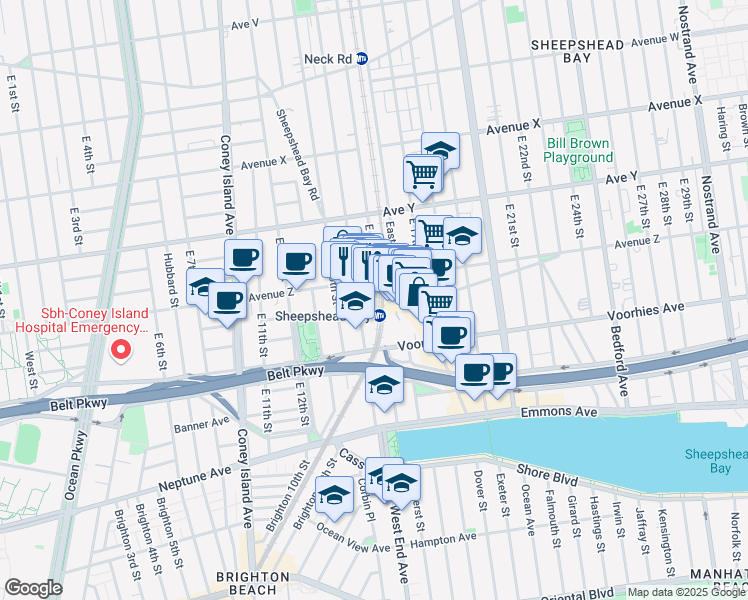 map of restaurants, bars, coffee shops, grocery stores, and more near 1420 Sheepshead Bay Road in Brooklyn