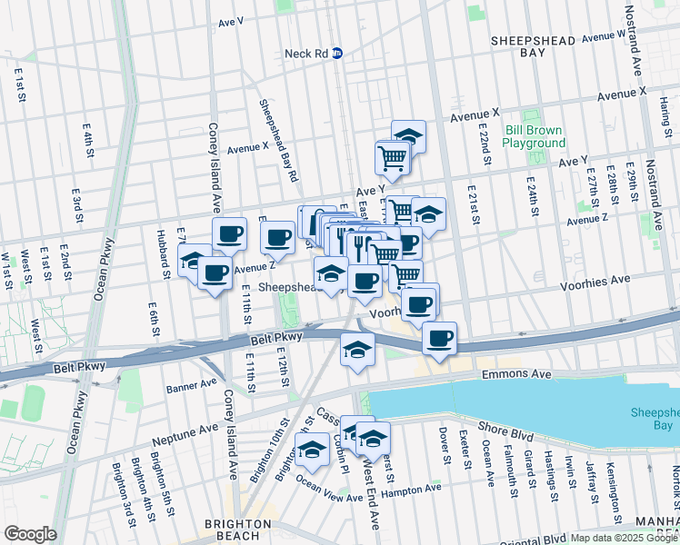 map of restaurants, bars, coffee shops, grocery stores, and more near 1420 Sheepshead Bay Road in Brooklyn