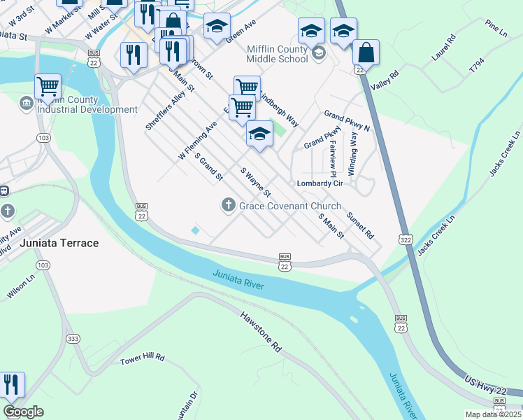map of restaurants, bars, coffee shops, grocery stores, and more near 709 South Grand Street in Lewistown