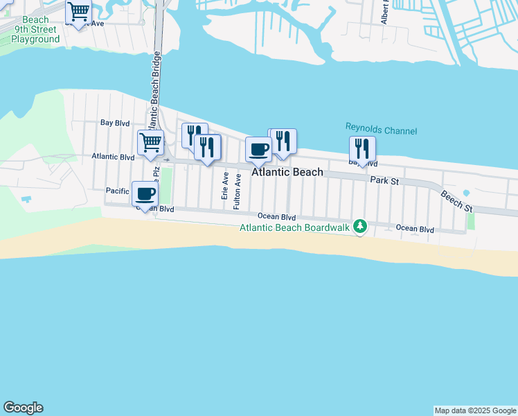 map of restaurants, bars, coffee shops, grocery stores, and more near 30 Genesee Boulevard in Atlantic Beach