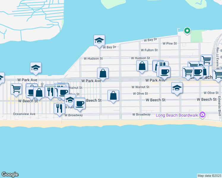 map of restaurants, bars, coffee shops, grocery stores, and more near 537 West Olive Street in Long Beach