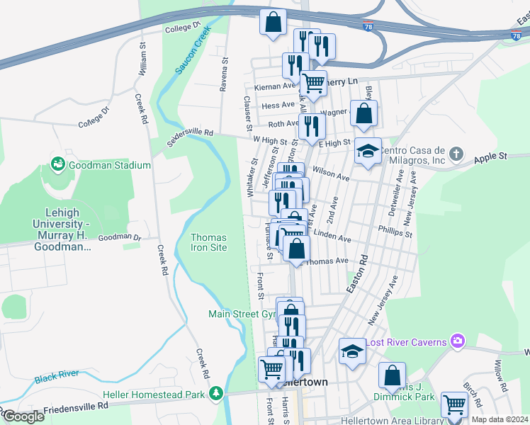 map of restaurants, bars, coffee shops, grocery stores, and more near 59 Bachman Street in Hellertown