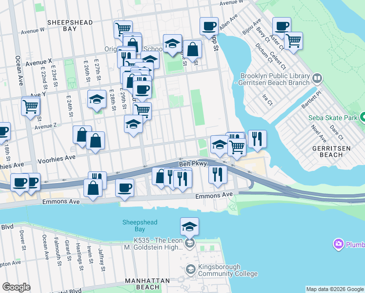 map of restaurants, bars, coffee shops, grocery stores, and more near 2724 Batchelder Street in Brooklyn
