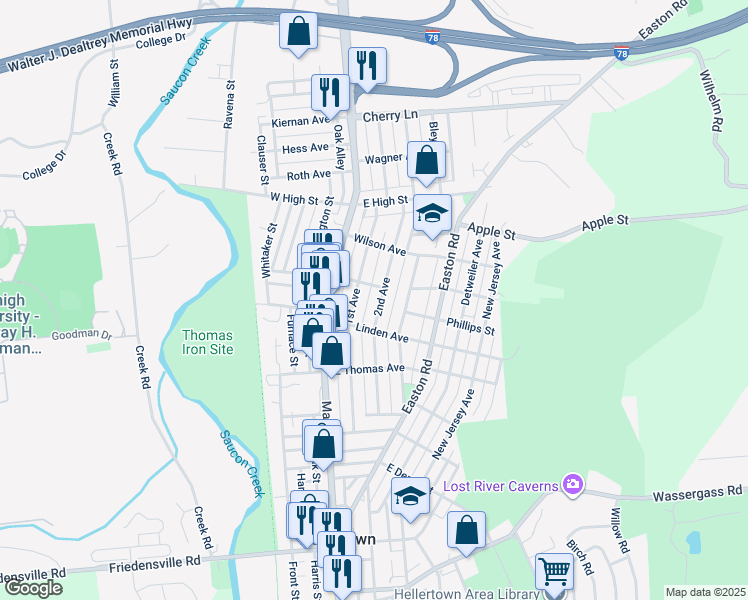 map of restaurants, bars, coffee shops, grocery stores, and more near 1250 2nd Avenue in Hellertown