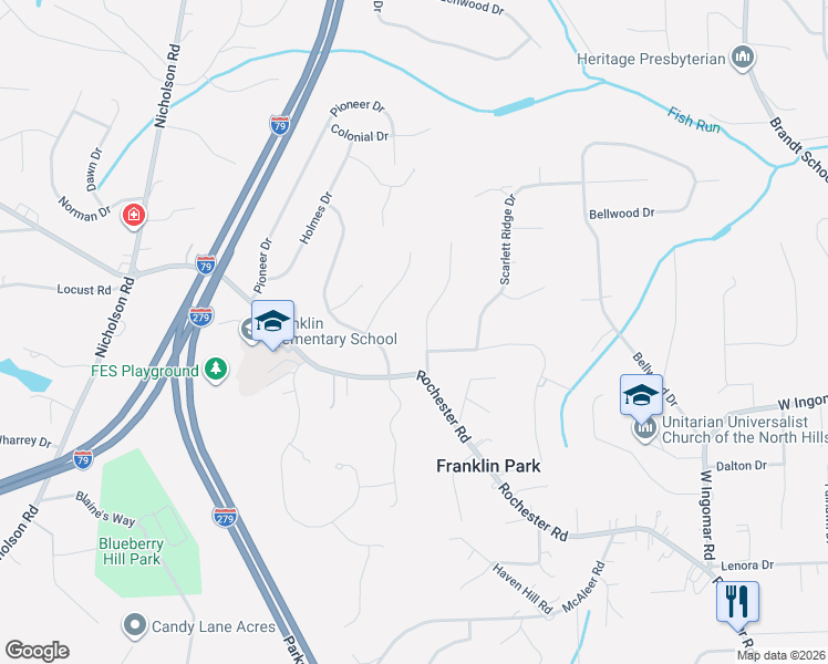 map of restaurants, bars, coffee shops, grocery stores, and more near 1401 North Shevlin Court in Sewickley