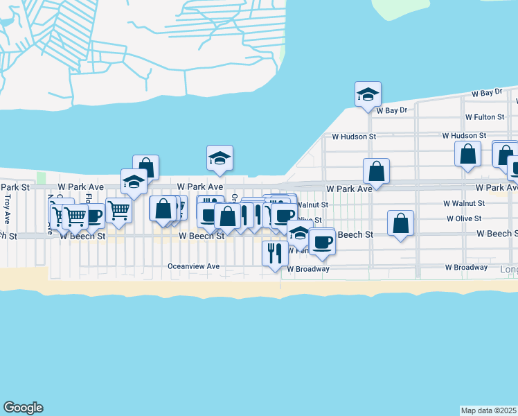 map of restaurants, bars, coffee shops, grocery stores, and more near 75 California Street in Long Beach