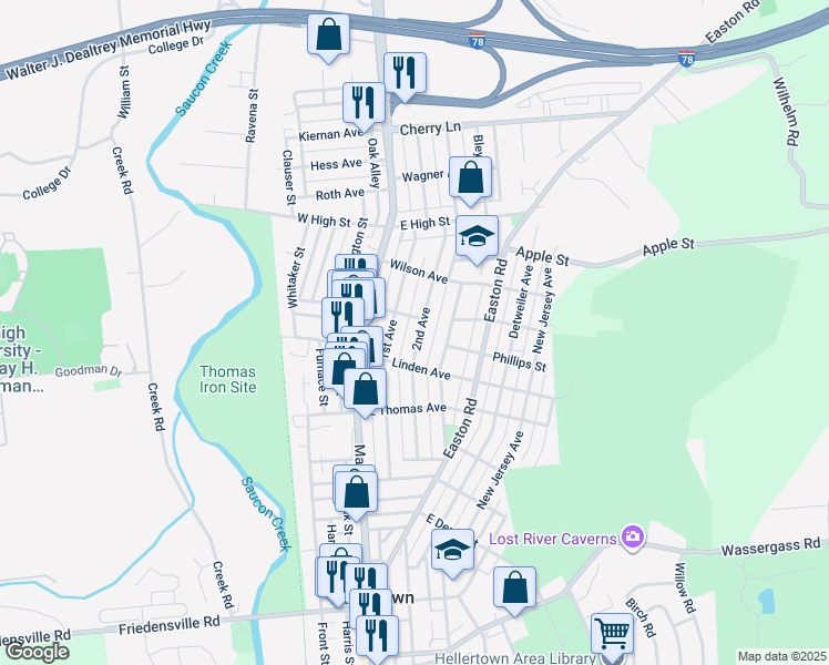 map of restaurants, bars, coffee shops, grocery stores, and more near 1250 2nd Avenue in Hellertown