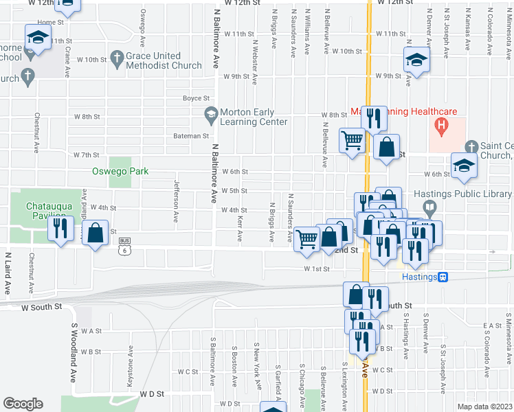map of restaurants, bars, coffee shops, grocery stores, and more near 1318 West 4th Street in Hastings