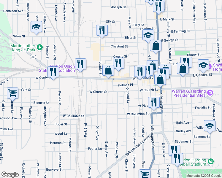 map of restaurants, bars, coffee shops, grocery stores, and more near 369 West Church Street in Marion