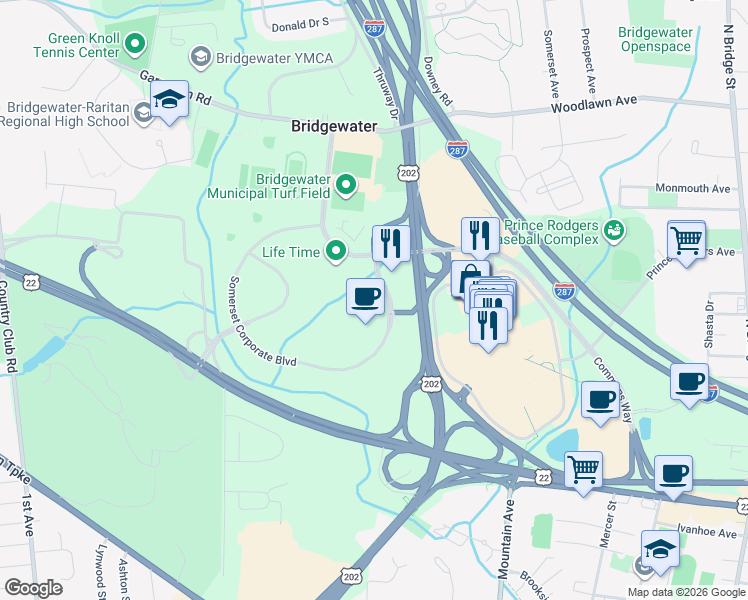map of restaurants, bars, coffee shops, grocery stores, and more near 100 Somerset Corporate Boulevard in Bridgewater