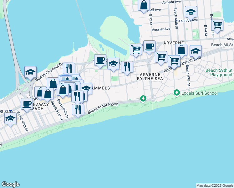 map of restaurants, bars, coffee shops, grocery stores, and more near 8000 Shore Front Parkway in Queens
