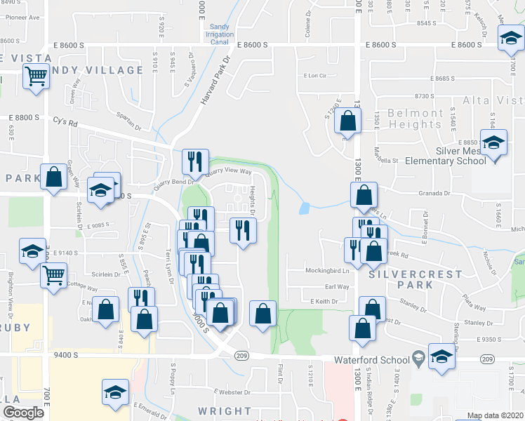 map of restaurants, bars, coffee shops, grocery stores, and more near 9020 Quarry Stone Way in Sandy