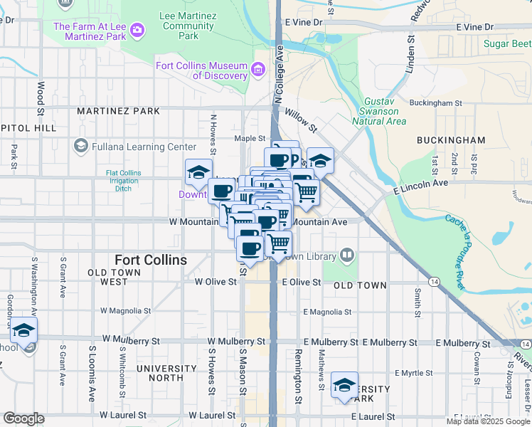 map of restaurants, bars, coffee shops, grocery stores, and more near 143 West Mountain Avenue in Fort Collins