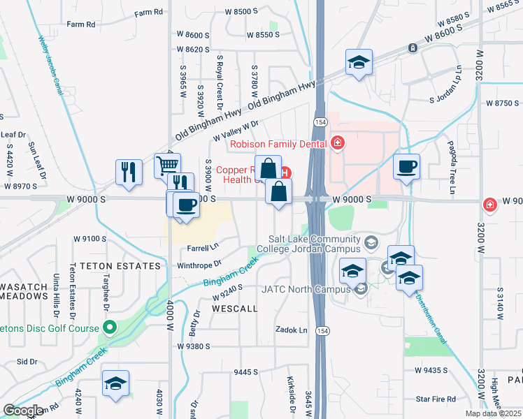 map of restaurants, bars, coffee shops, grocery stores, and more near 9049 Elmhearst Drive in West Jordan
