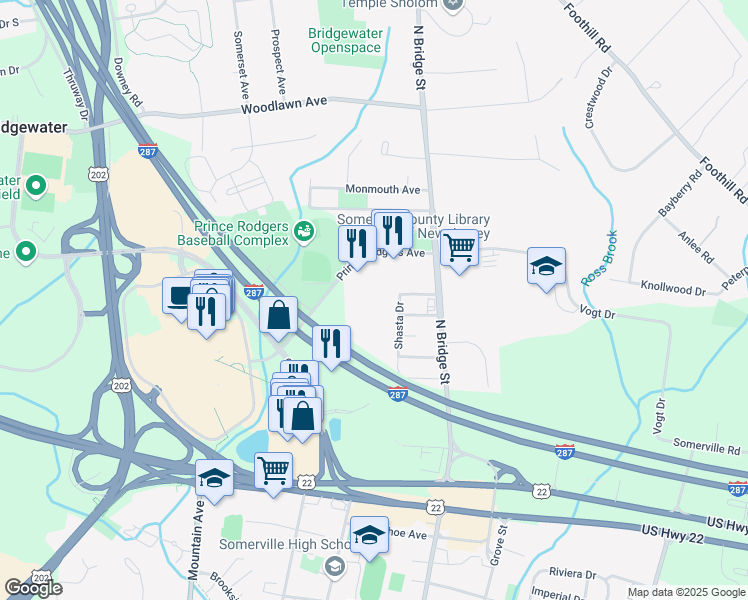 map of restaurants, bars, coffee shops, grocery stores, and more near 491 Shasta Drive in Bridgewater Township
