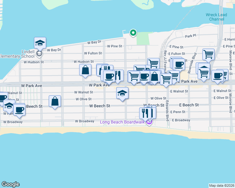map of restaurants, bars, coffee shops, grocery stores, and more near 233 West Olive Street in Long Beach