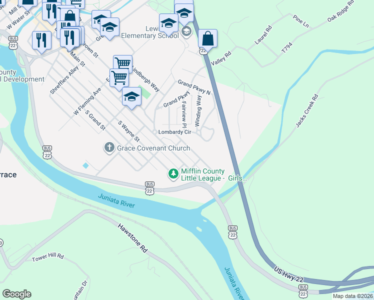 map of restaurants, bars, coffee shops, grocery stores, and more near 807-899 South Main Street in Lewistown