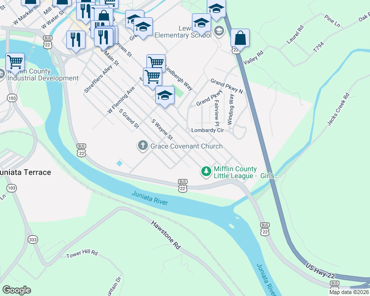 map of restaurants, bars, coffee shops, grocery stores, and more near 722 South Wayne Street in Lewistown