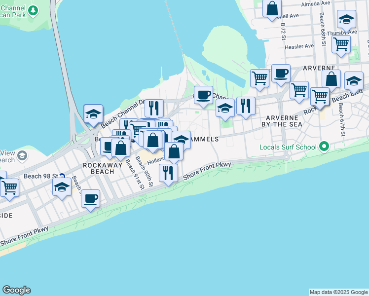 map of restaurants, bars, coffee shops, grocery stores, and more near 154 Beach 84th Street in Queens