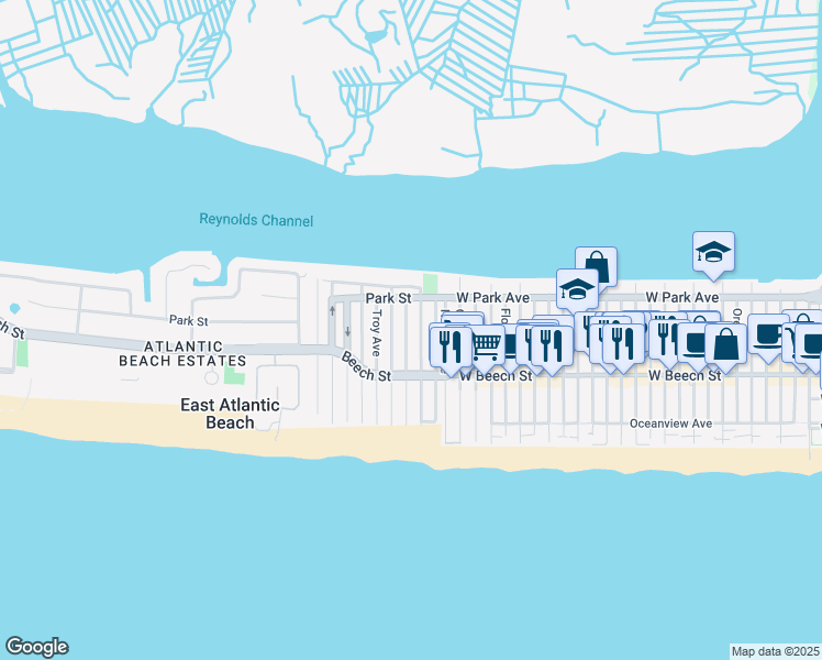 map of restaurants, bars, coffee shops, grocery stores, and more near 74 Rochester Avenue in East Atlantic Beach