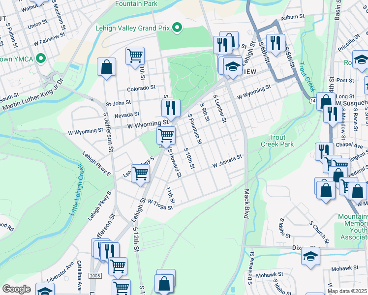 map of restaurants, bars, coffee shops, grocery stores, and more near 1201 South 10th Street in Allentown