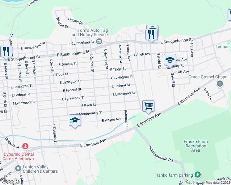 map of restaurants, bars, coffee shops, grocery stores, and more near 835 East Lynnwood Street in Allentown