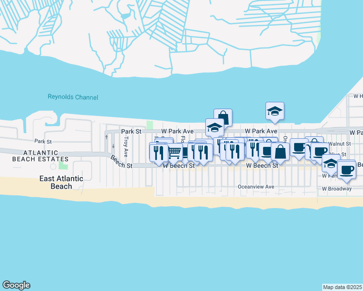 map of restaurants, bars, coffee shops, grocery stores, and more near 75 Connecticut Avenue in Long Beach