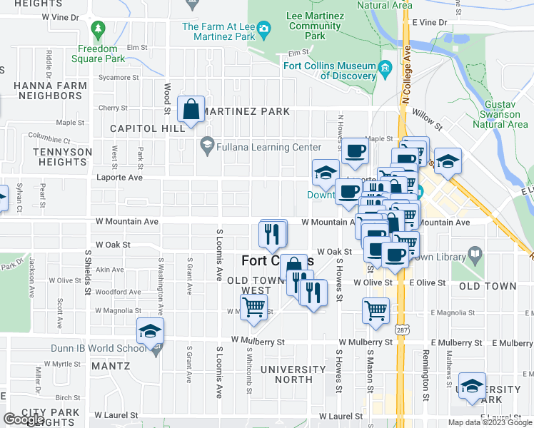 map of restaurants, bars, coffee shops, grocery stores, and more near 516 West Mountain Avenue in Fort Collins