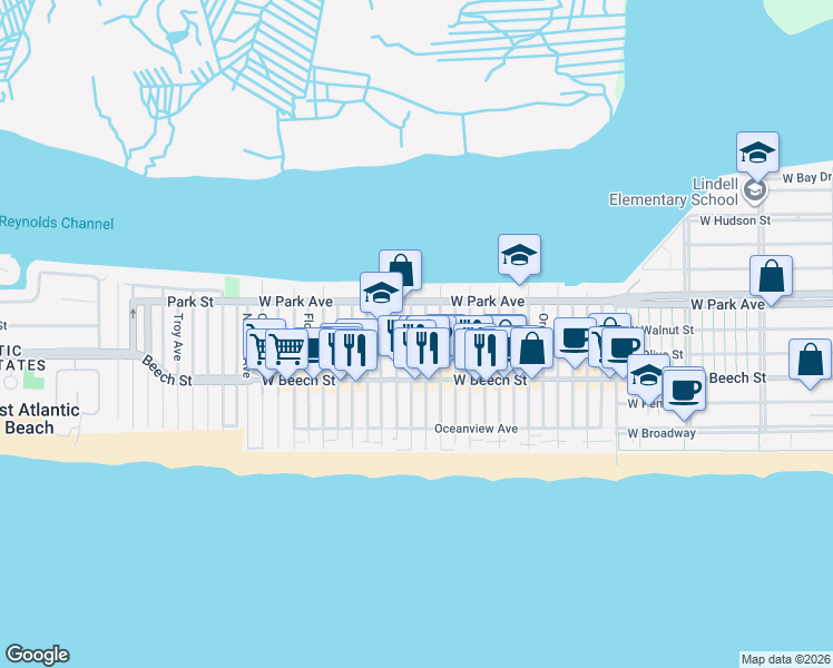 map of restaurants, bars, coffee shops, grocery stores, and more near 75 Minnesota Avenue in Long Beach
