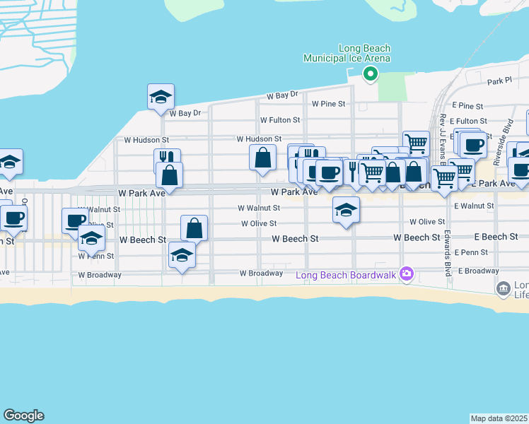 map of restaurants, bars, coffee shops, grocery stores, and more near 270 Lafayette Boulevard in Long Beach