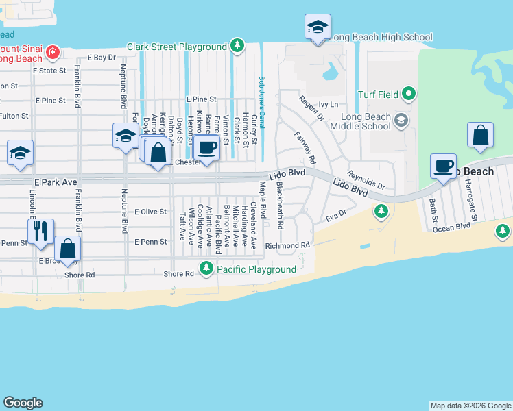 map of restaurants, bars, coffee shops, grocery stores, and more near 130 Maple Boulevard in Long Beach