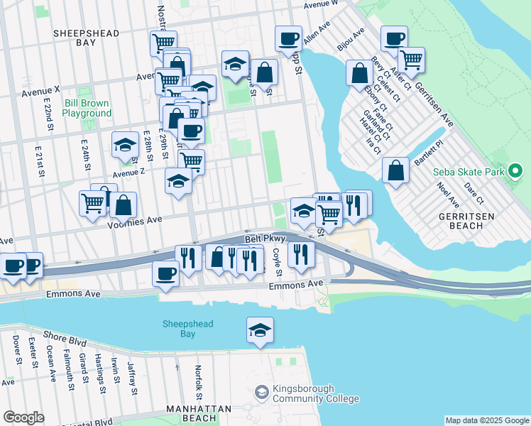 map of restaurants, bars, coffee shops, grocery stores, and more near 2730 Coyle Street in Brooklyn