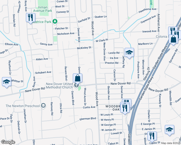 map of restaurants, bars, coffee shops, grocery stores, and more near 649 Wood Avenue in Edison