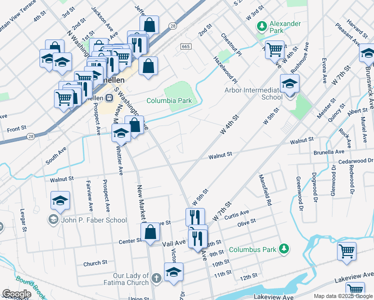 map of restaurants, bars, coffee shops, grocery stores, and more near 283 Maple Avenue in Dunellen