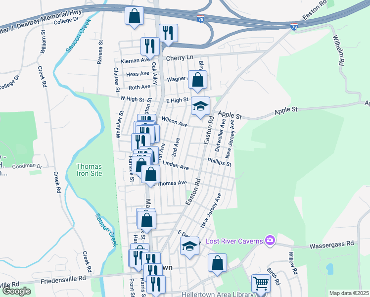 map of restaurants, bars, coffee shops, grocery stores, and more near 1250 3rd Avenue in Hellertown