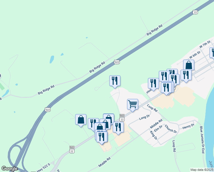 map of restaurants, bars, coffee shops, grocery stores, and more near 155 Peace Drive in Lewistown
