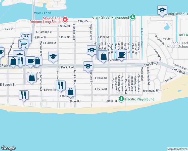 map of restaurants, bars, coffee shops, grocery stores, and more near 217 Neptune Boulevard in Long Beach