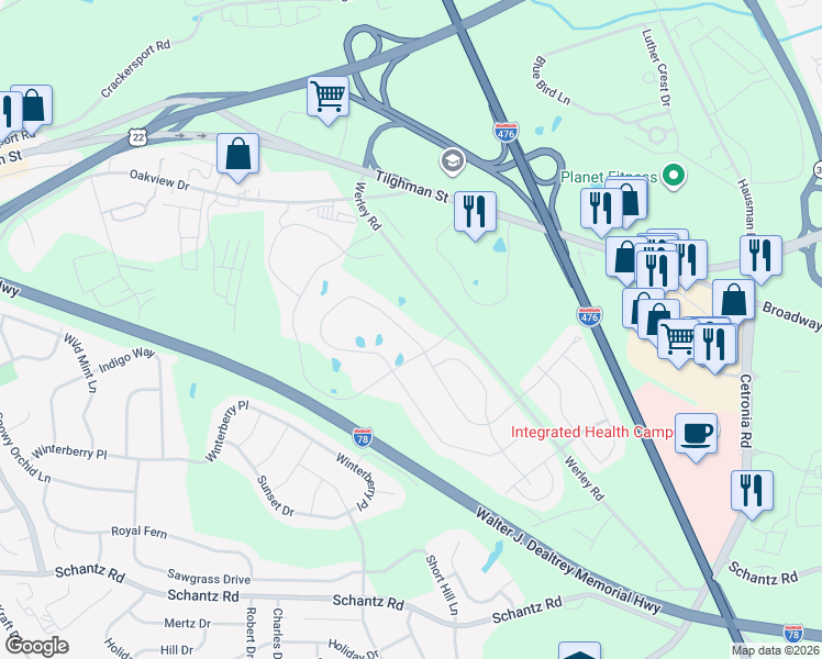 map of restaurants, bars, coffee shops, grocery stores, and more near 441 Pennycress Road in Allentown