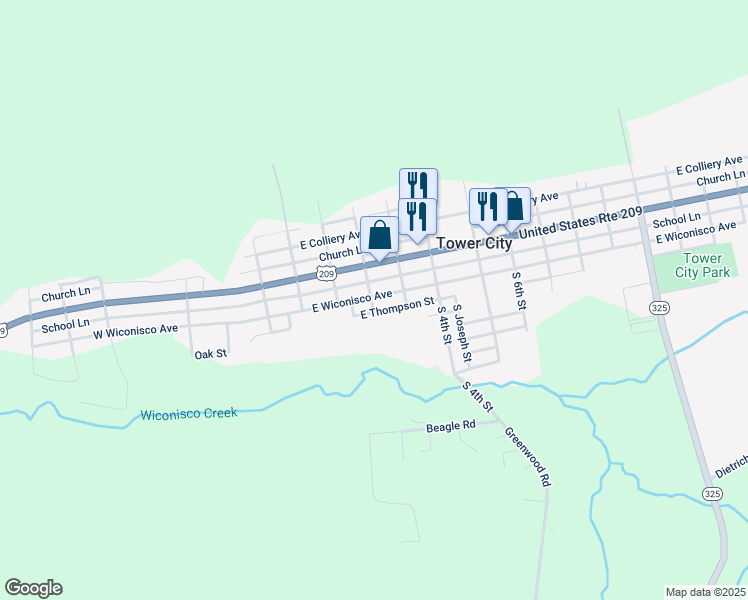 map of restaurants, bars, coffee shops, grocery stores, and more near 200 East Wiconisco Avenue in Tower City