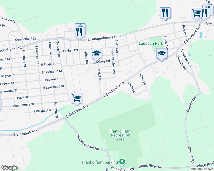 map of restaurants, bars, coffee shops, grocery stores, and more near 1635 Allen Avenue in Allentown