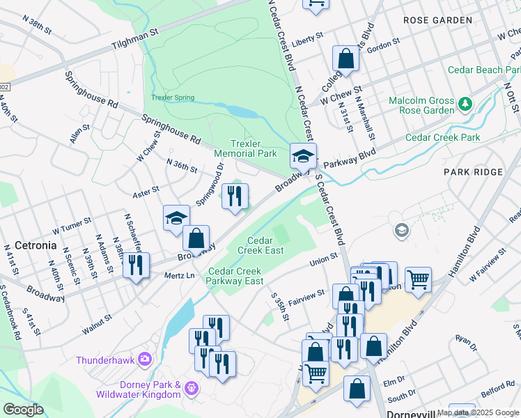 map of restaurants, bars, coffee shops, grocery stores, and more near 3416 Broadway in Allentown