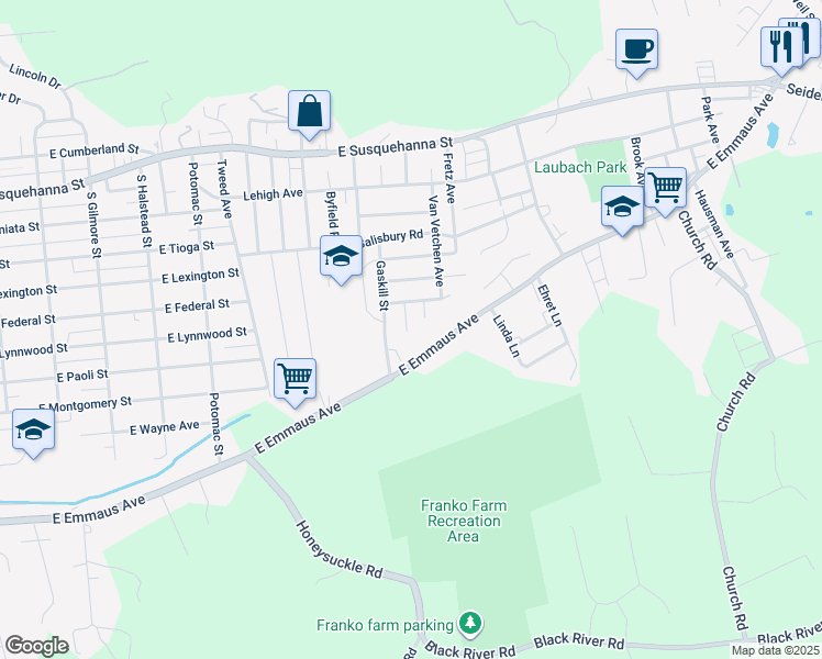 map of restaurants, bars, coffee shops, grocery stores, and more near 1635 Allen Avenue in Allentown