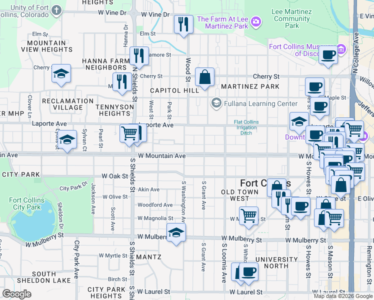 map of restaurants, bars, coffee shops, grocery stores, and more near 901 West Mountain Avenue in Fort Collins