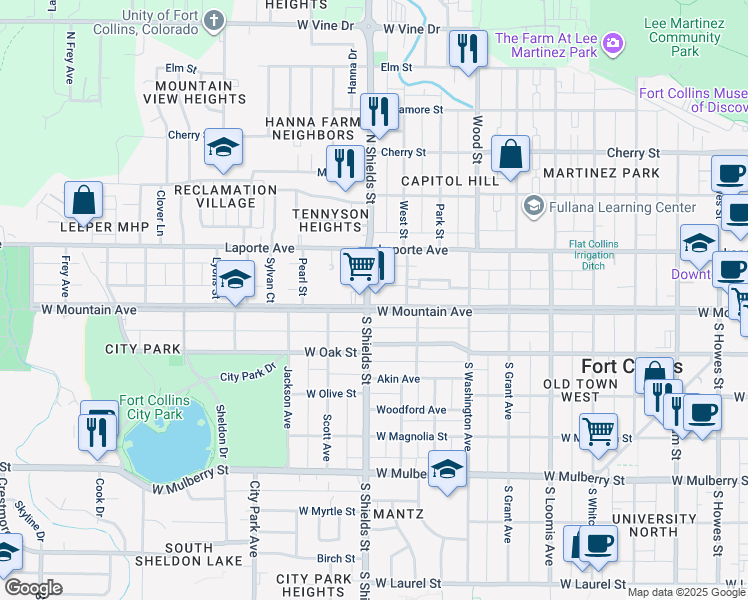map of restaurants, bars, coffee shops, grocery stores, and more near 1101 West Mountain Avenue in Fort Collins