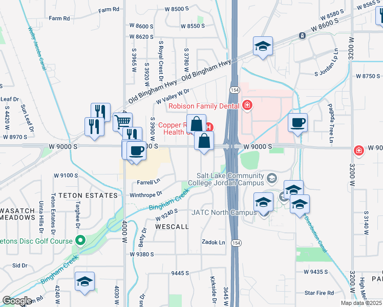 map of restaurants, bars, coffee shops, grocery stores, and more near 9049 Elmhearst Drive in West Jordan