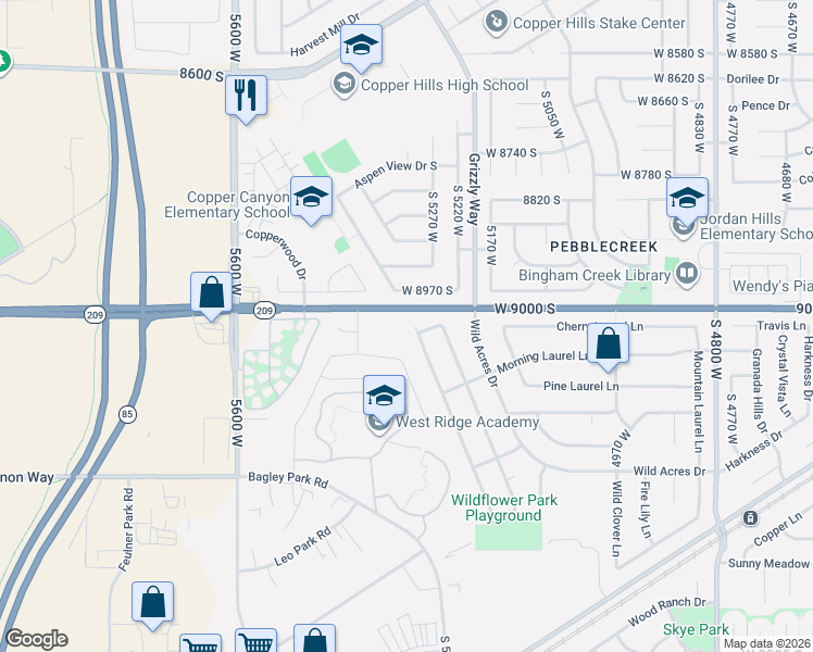 map of restaurants, bars, coffee shops, grocery stores, and more near 9052 Wisteria Way in West Jordan