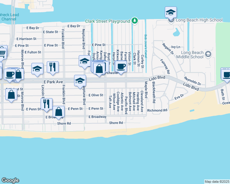 map of restaurants, bars, coffee shops, grocery stores, and more near 134 Wilson Avenue in Long Beach