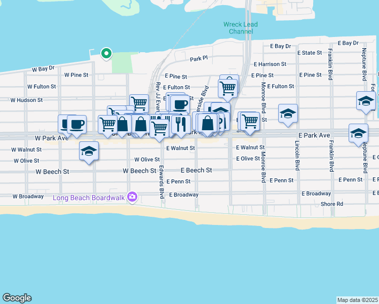 map of restaurants, bars, coffee shops, grocery stores, and more near 59 East Olive Street in Long Beach