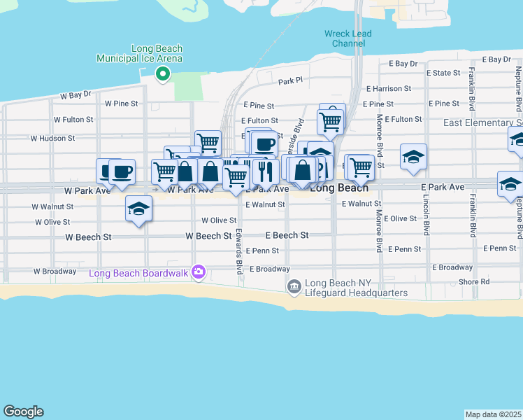map of restaurants, bars, coffee shops, grocery stores, and more near 59 East Olive Street in Long Beach